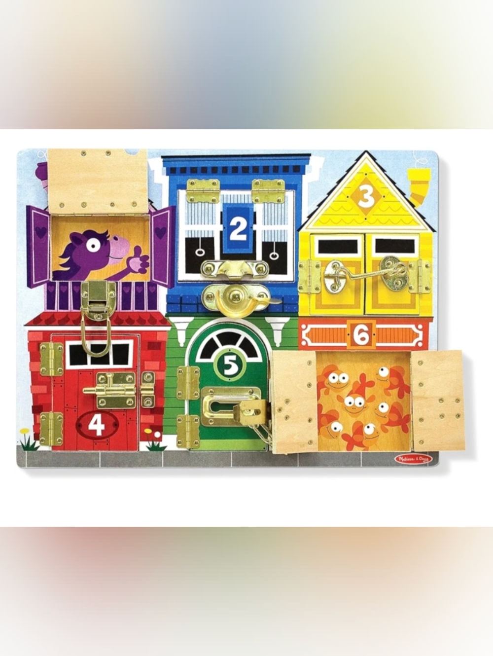 Melissa & Doug Wooden Busy Board with Colorful House Panels and Metal Locks